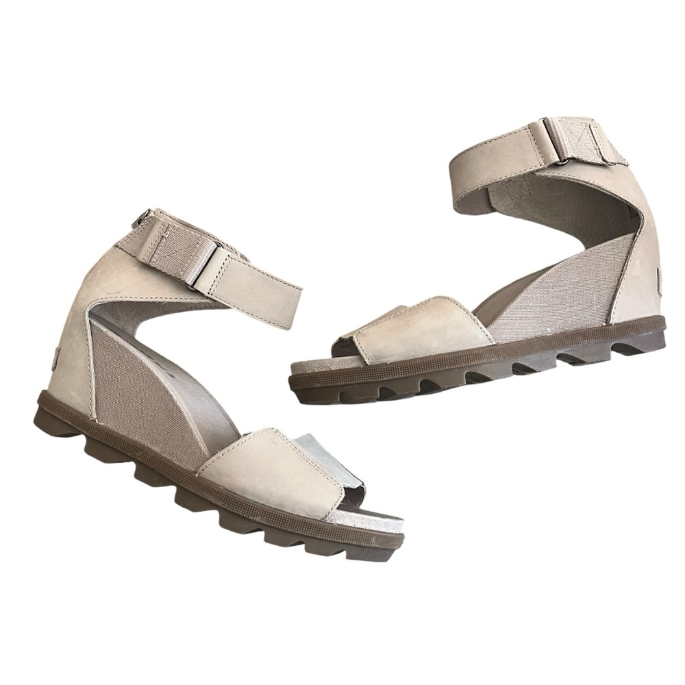 SOREL Joanie II Ankle Strap Wedge Sandals‎ Gray Leather Women's 9 Rugged Sole